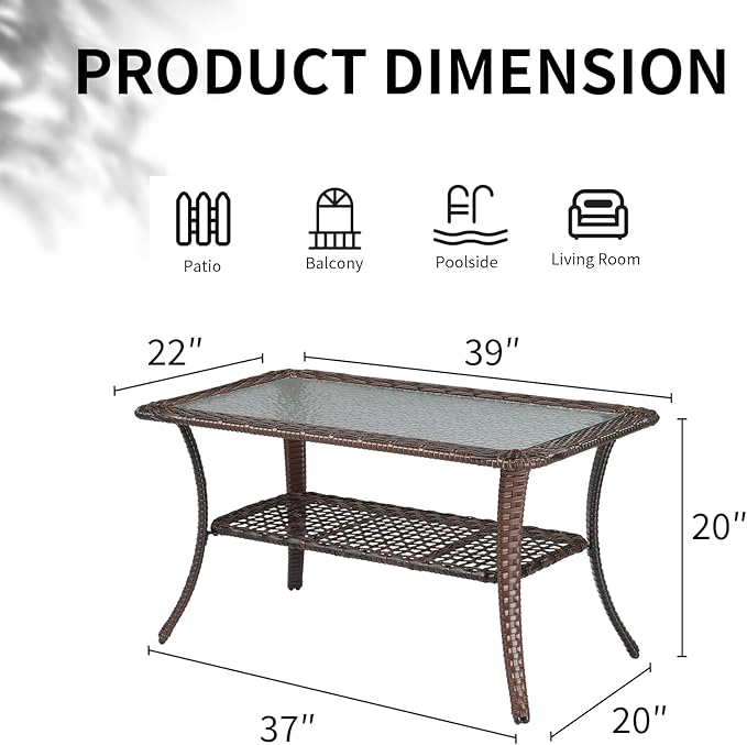 VINGLI Outdoor Coffee Table with Storage Wicker Patio Coffee Table, Tempered Glass Top Coffee Table for Patio Outside Balcony Porch Deck (Brown)