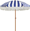 AMMSUN 7ft Patio Umbrella with Fringe Outdoor Tassel Umbrella UPF50+ Wood Color Steel Pole and Steel Ribs Push Button Tilt, Navy Stripe