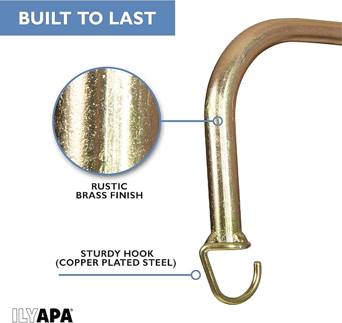 Ilyapa 4 Pack Metal Plant Wall Hanger Hooks - 7 in. Hook for Hanging, Baskets, and Macrame, Indoor Hangers in Rustic Brass Finish, Wall Planters