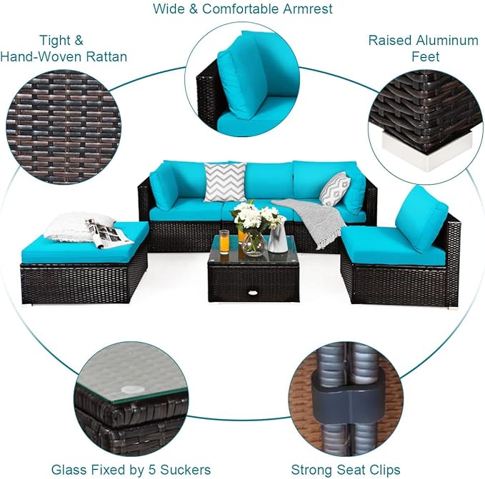 Tangkula 6 Piece Patio Furniture Set, Outdoor Deck Lawn Backyard Durable Steel Frame PE Rattan Wicker Sectional Sofa Set, Conversation Set with Coffee Table (Turquoise)