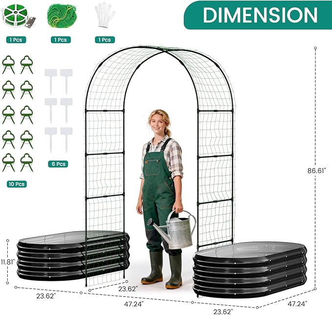 DoCred 3 in 1 Raised Garden Bed with 87in Tall Arch Trellis for Climbing Plants, Galvanized Planter Garden Box Outdoor for Gardening, Climbing Vegetables, Flower, Black