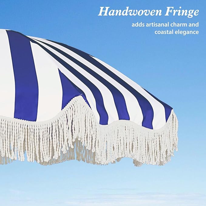 AMMSUN Boho Fringe Umbrella Outdoor Patio, 6.5ft UPF50+ Picnic Umbrella with Tassels with Steel Pole and Push Button Tilt, Navy Stripe