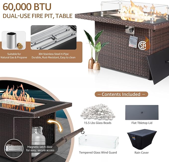 NICESOUL Modern Luxury Outdoor Patio Sectional Furniture Set with Fire Pit Table, Large Size PE Brown Wicker 29.3'' High Back Conversation Set with Natural Gas/Propane Fireplace, 11 Pieces 10 Seats