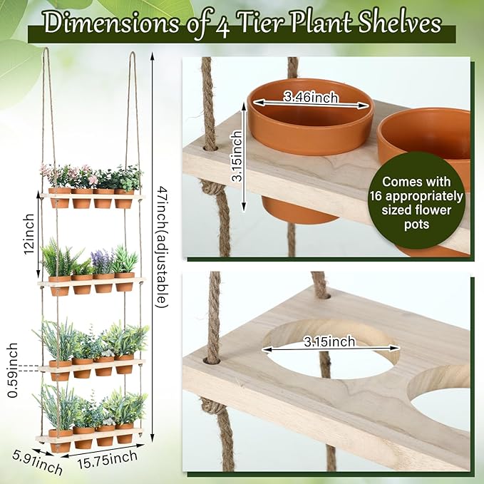 4 Tiered Window Plant Shelves Hanging Herb Planter Indoor Display with 16 Pcs Flower Pots Wood Window Plant Hanger for Grow Herbs Succulents Microgreens Seedling Organization