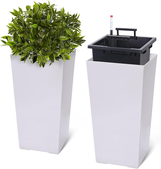 Garvee 22.5" Tall Planters Set of 2, Outdoor＆Indoor Black Planter Pots, High Front Porch Planter Pots with Drainage Holes＆Water Level Monitor＆Inner Bucket,White