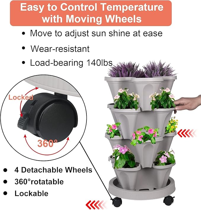 Vertical Planter 4 Tier Stackable Planters Garden Planters Strawberry Herb Flower and Vegetable Planter Indoor Outdoor Gardening Pots with Removable Wheels and Tools