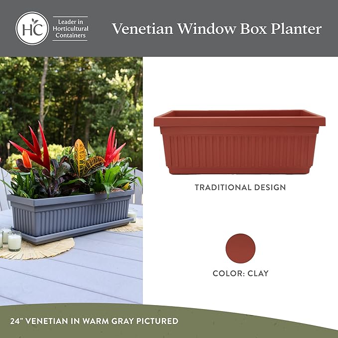 The HC Companies 30 Inch Venetian Window Planter Box with Drainage Plug, Lightweight UV-Resistant Plastic Indoor & Outdoor Planters, 2-Pack Flower Box for Garden & Home Decor, Clay