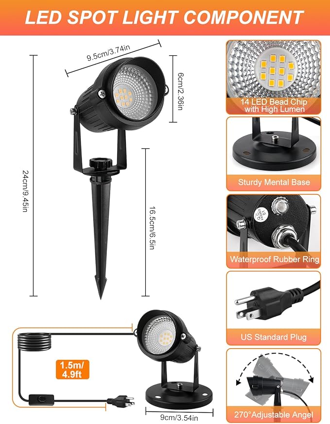 Dusk to Dawn Outdoor Lighting,3000K Warm White LED Landscape Spotlights with Photocell Sensor,Waterproof Spot Lights for Yard Flag Pole House Garden Tree(4 Pack)