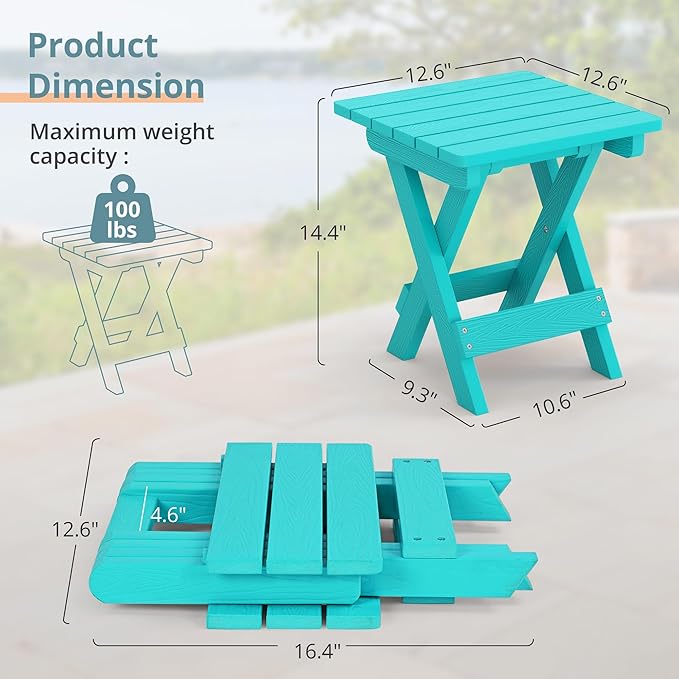 LUE BONA Small Outdoor Folding Side Table, HDPS Outside End Table for Patio, Porch, Deck, Pool, 14 Inch Height, Aruba Blue