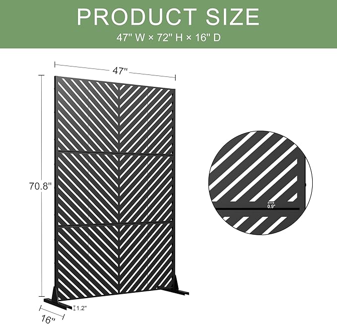 Casaphoria Metal Privacy Screen Outdoor, 72" H x 47" W Freestanding Decorative Privacy Screen for Patio Deck Balcony Garden with Stable Base, Black Parallel