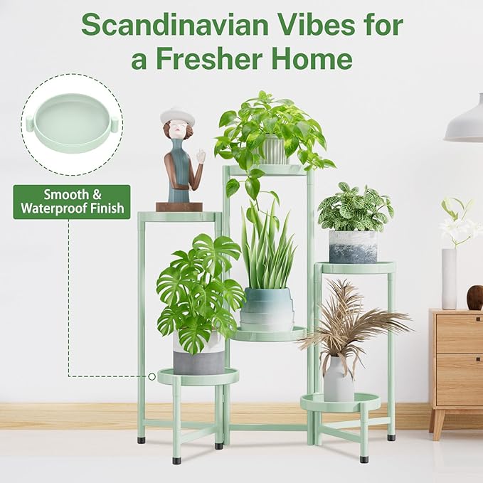 iDavosic.ly Plant Stand Indoor Outdoor, 6 Tier Corner Metal Flower Display Holder Shelf, Easy Assembly Folding Tall Orchid Rack for Patio Balcony Porch Garden Living Room House, Light Green