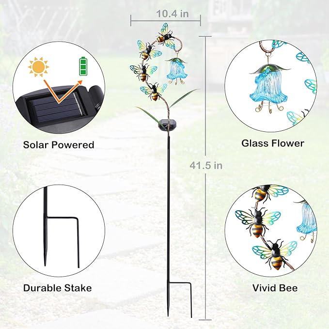 Afirst Decorative Solar Lights Outdoor Solar Bee Stake Light with Glass Flower Metal Decorative Garden Lights Outdoor Waterproof Stakes for Pathway Yard Lawn Decoration Mothers Day Mom Gifts
