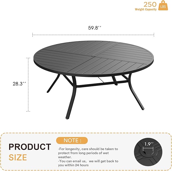 VICLLAX Round Patio Table with Adjustable Umbrella Hole for 8, All Weather Metal Outdoor Dining Table for Lawn Garden, 59.8" Outdoor Coffee Table, Black Tabletop