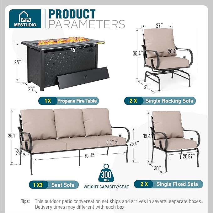 MFSTUDIO 7 Seats Metal Patio Furniture Sets, 6 Pieces Outdoor Sectional Sofa Conversation Set with 2 x Motion Chairs, 2 x Fixed Chairs, 1 x 3-seat Sofa and 1 x 45 inches Rectangular Fire Pit Table