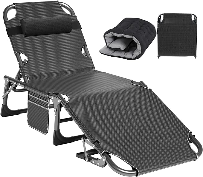 ABORON Heavy Duty Tanning Chair, 5-Gear Outdoor Folding Chaise Lounge Chair with Cushion,Portable Beach Lounge Chair for Outdoor Sunbathing Patio Pool Lawn Deck Poolside