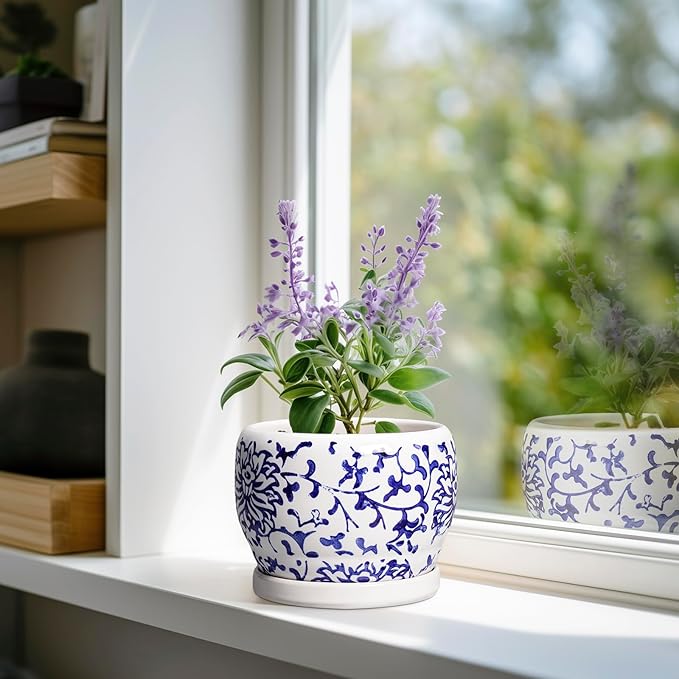 SQOWL 6 Inch Planter - Ceramic Plant Pots Indoor with Drainage Hole and Saucer, Round Ceramic Flower Pot Outdoor, Porcelain Decorative Planter, Backyard Decor, Gifts for Plant Lovers, Blue and White