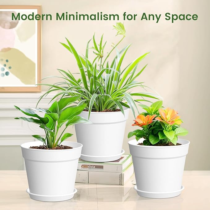 20 Pack 6 Inch Plant Pots with Drainage and Saucers, White Plastic Flower Pots for Indoor and Outdoor Plants, Stackable Nursery Planters for Houseplants and Herbs, White