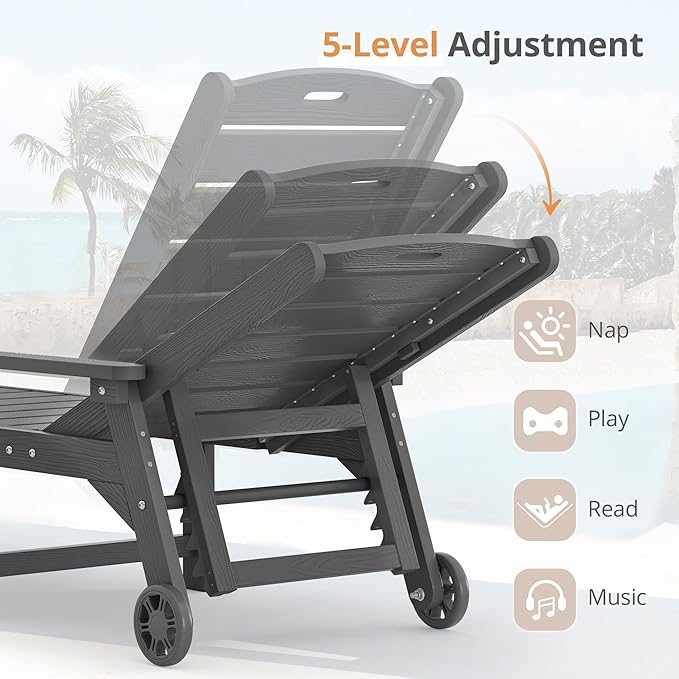 LUE BONA Outdoor Chaise Lounge, HDPS Chaise Lounger, 5 Positions Adjustable Lounge Chairs, Pool Lounge Chair with Wheels for Poolside, Backyard, Dark Gray