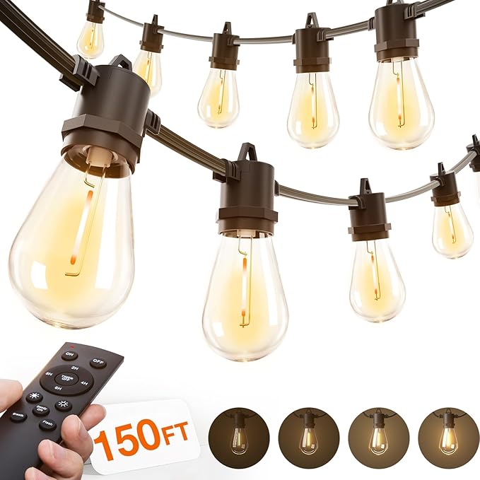 addlon 150FT LED Outdoor String Lights with Remote Dimmable Patio Lights with Timer & 3 Lighting Modes, 48 Shatterproof Edison Bulbs, Waterproof Shatterproof Hanging for Outside Backyard Porch Party