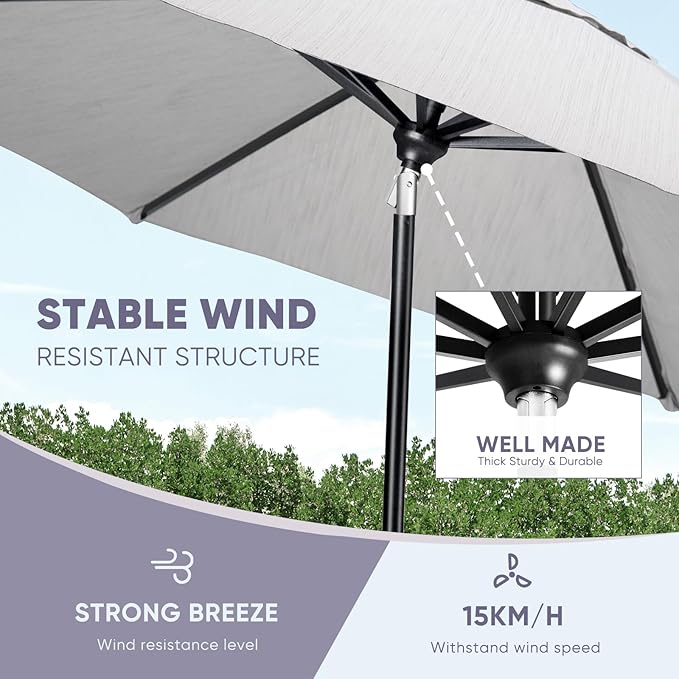 Tempera Patio Market Outdoor Table Umbrella with Auto Tilt and Crank, Large Sun Umbrella with Sturdy Pole & Fade Resistant Canopy, Easy to Set