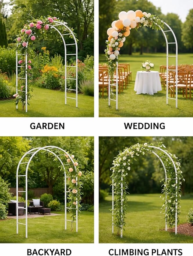 Adorox Metal Garden Arch Trellis for Climbing Plants 7.8ft Outdoor Arch Wedding Halloween Christmas Vine Trellis Pumpkin Archway Assemble Freely 2 Sizes White
