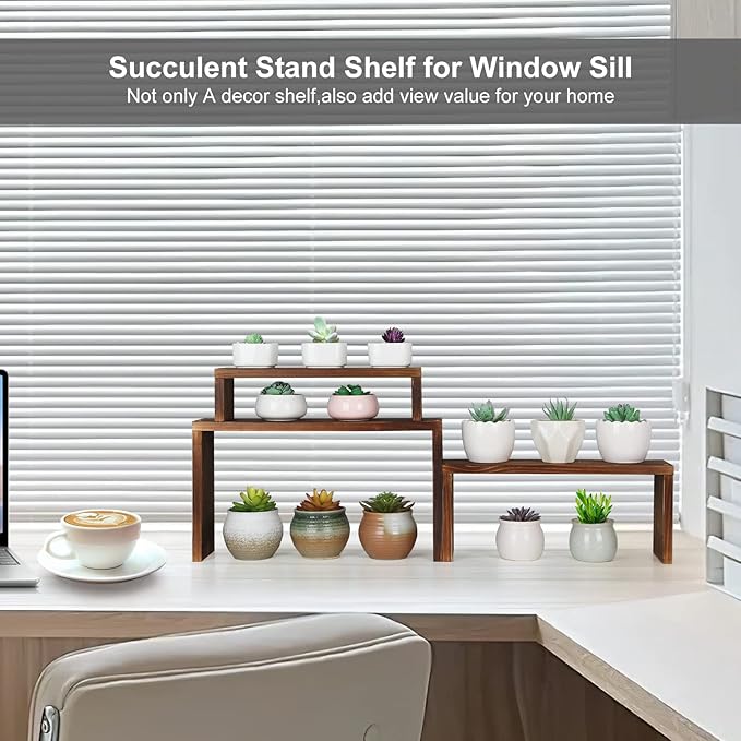 Desk Plant Stand Windowsill Plant Shelf 3 Tiers Wooden Tabletop Plant Shelves Small Countertop Desktop Shelf for Succulent Cupcake Stands Spice Rack