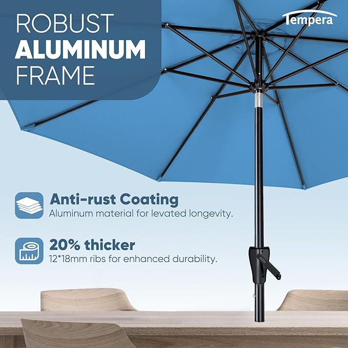 Tempera Patio Market Outdoor Table Umbrella with Auto Tilt and Crank, Large Sun Umbrella with Sturdy Pole & Fade Resistant Canopy, Easy to Set