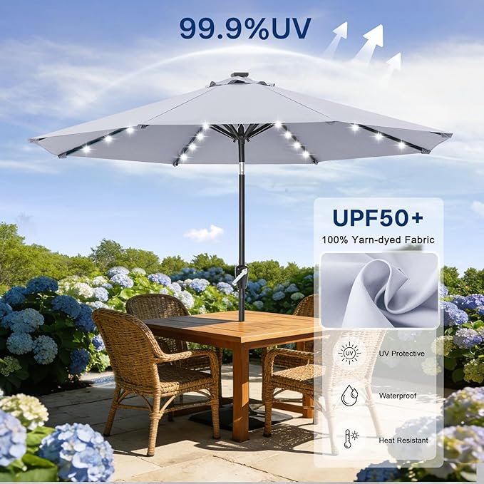 ABCCANOPY Durable Solar Led Patio Umbrellas with 32LED Lights 9FT (Light Gray)
