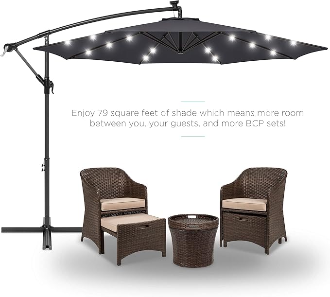 Best Choice Products 10ft Solar LED Offset Cantilever Hanging Market Patio Umbrella, 8 Sturdy Ribs, Easy Adjustment - Gray