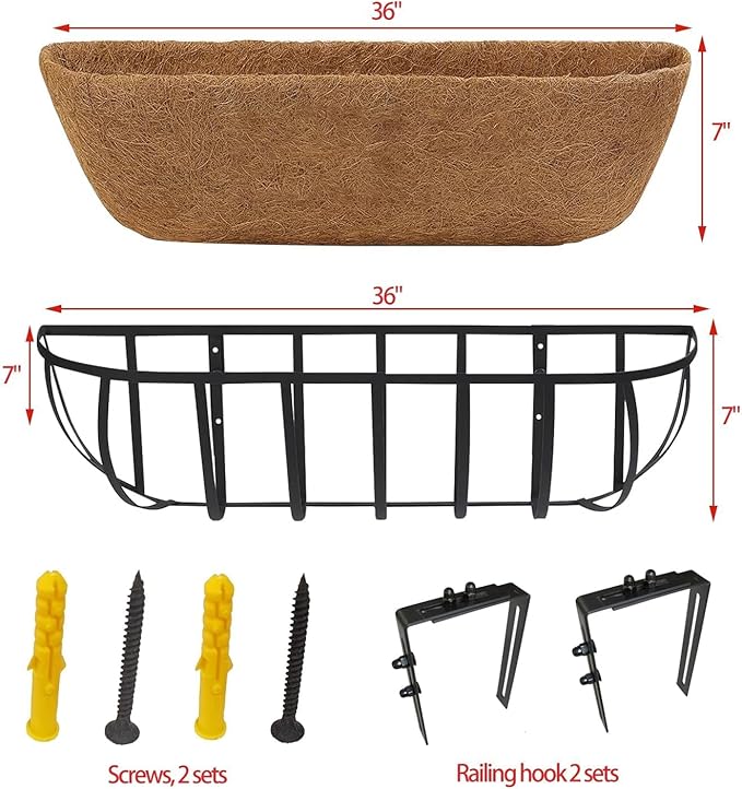 2 Pack 36" Railing Planter Window Box with Coco Fiber Liner Horse Trough Planter The Railing Planter Boxes for Deck Porch Fence Outdoor