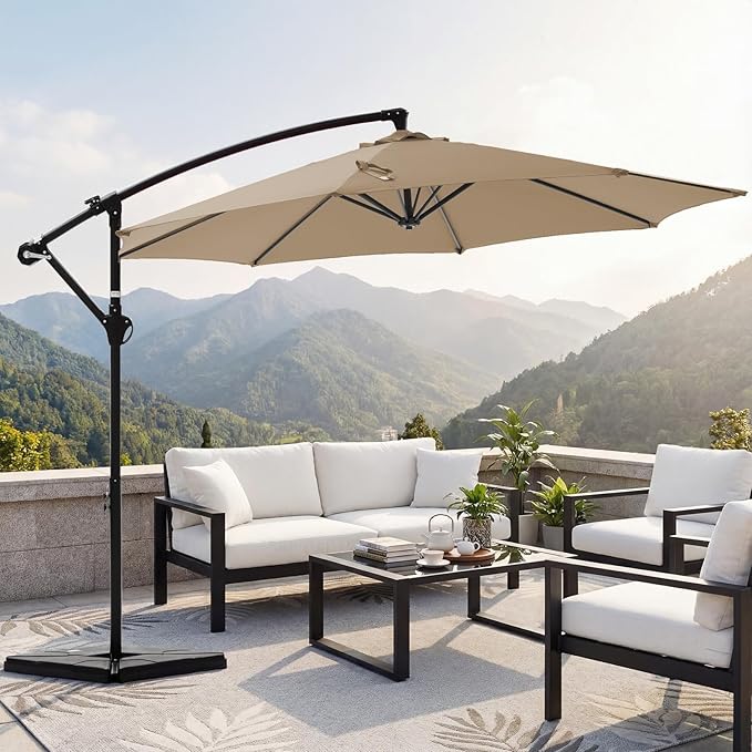 OLIXIS Offset Patio Umbrella, 9.7FT Cantilever Table Umbrellas for Outdoor Sun Shade UV Protection with Easy Tilt Adjustment, 8 Ribs for Backyard, Lawn, Garden, Pool - Khaki