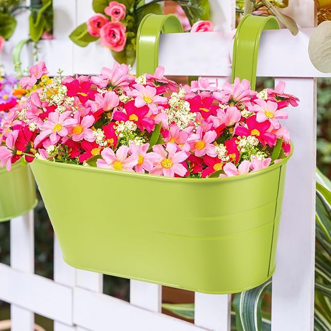 OBTANIM 4 Pack Metal Hanging Flower Pots Iron Railing Planter Outdoor Fence Hanging Pots Bucket Plant Holder with Detachable Hooks Drain Holes for Home Garden Yard Decor (Mixed Color)