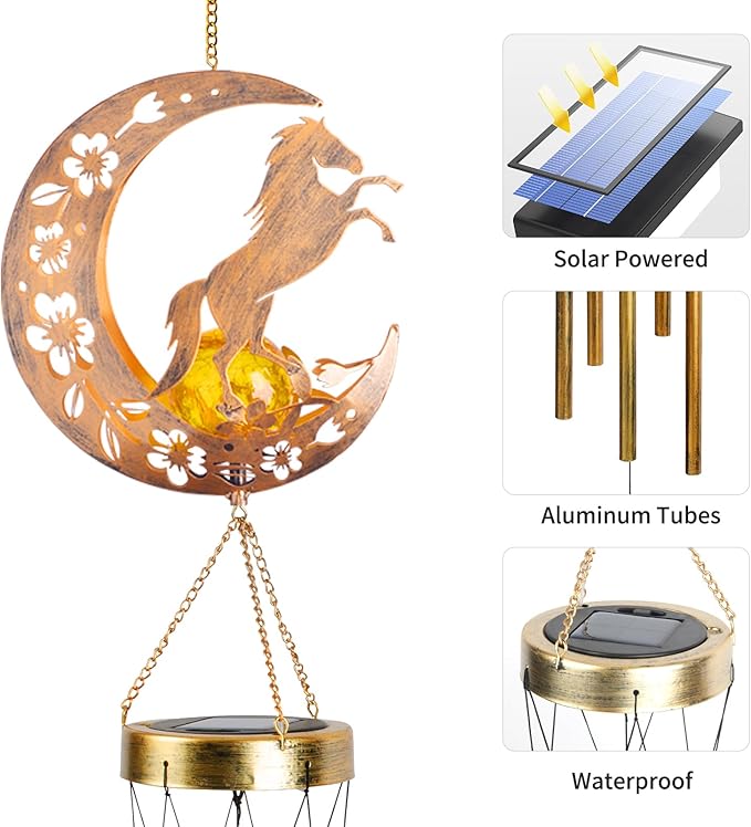 Moon Horsebird Wind Chime Outdoor, Handcrafted Metal Garden Wind Chimes with Horse & Bird Charms, Melodic Wind Bells for Patio Porch Decor, Weatherproof Gift for Equestrian & Nature Lovers