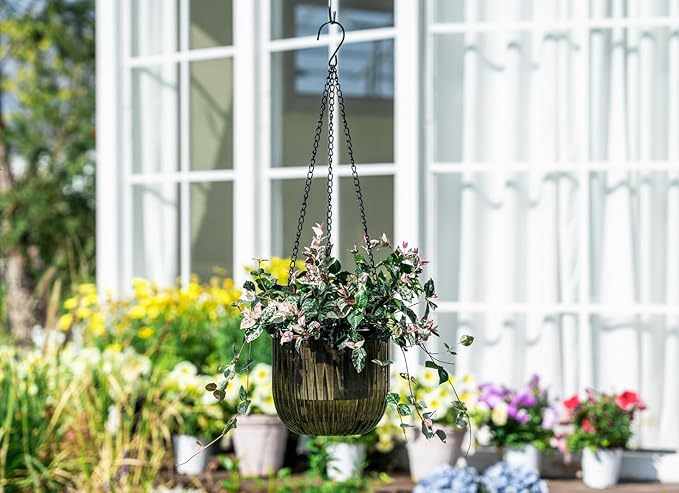 Josteve 6.5 Inch 2 Pcs Self Watering Hanging Planter Indoor Plant Pots Drainage Holes, Outdoor Hanging Planters Flower Pot Basket, Visible Water Level, Plant Hanger Home Decor, Gardening
