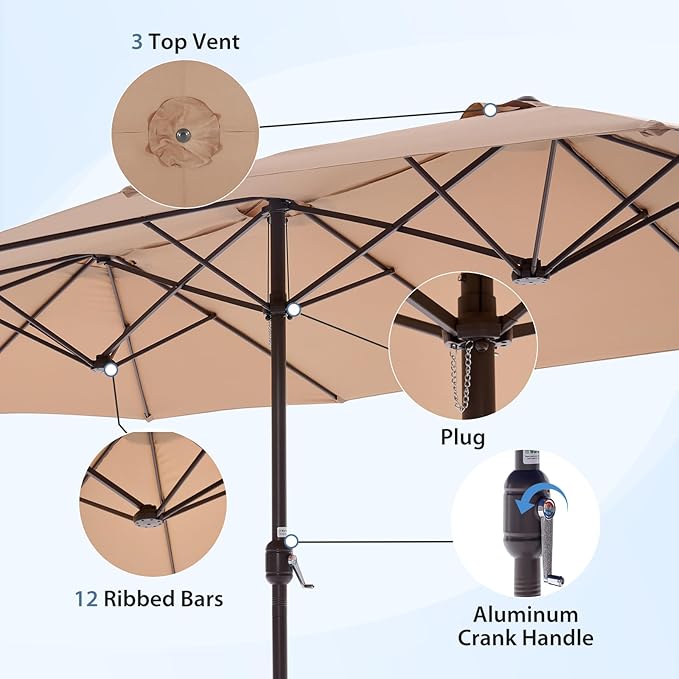DUMOS 15FT Large Patio Umbrella with Base Included, Heavy Duty Extra Wide Outside Umbrella with 12 Ribbed Bars, Rectangle Outdoor Table Umbrella for Patio, Backyard, Pool, Deck & Garden,Khaki