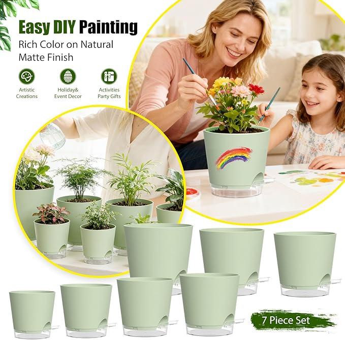 Plant Pots 4/5/5.5/6/6.5/7/8 Inch Self Watering Pots, 7 Pack Plastic Planters with Drainage Holes and Clear Saucers,Plastic Flower Pots,Nursery Planting Pot for Indoor Out Door Plants (Green)