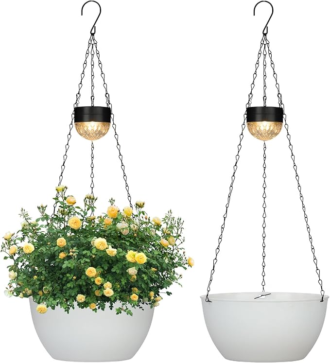 SUNNYPARK 2 Packs Hanging Planters Basket for Outdoor Plants, Solar Powered Self Watering White Round Plastic Flower Pots with Drainer for Balcony Patio Garden Outdoor Decoration