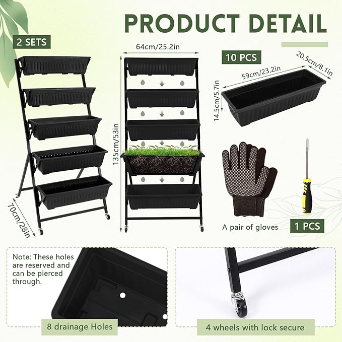 2 Pack 5-Tier Vertical Garden Planter 4.5 ft Tall Raised Garden Bed with Lockable Wheels & Drainage, Removable Elevated Herb Vegetable Flower Planter for Patio Deck Indoor Outdoor(Black)