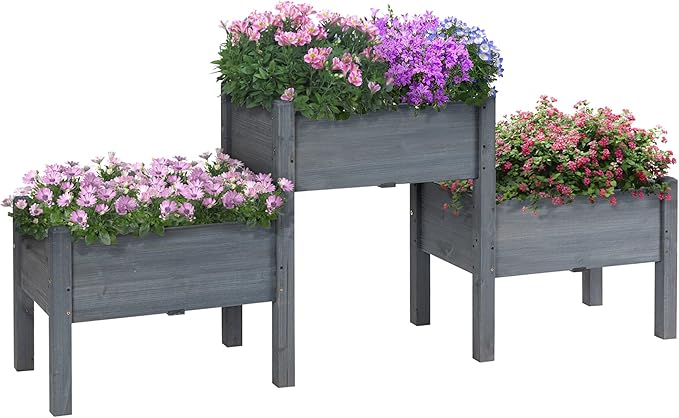 Outsunny Raised Garden Bed with 3 Planter Box, Elevated Wooden Plant Stand with Drainage Holes, for Vegetables, Herb and Flowers, Gray
