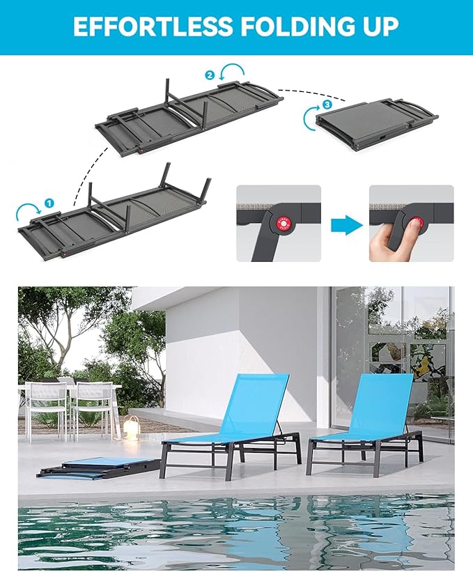 Aluminum Chaise Lounge Chair Outdoor, Foldable Patio Lounge Chair Assemble-Free, Pool Lounge Chairs with 5 Adjustable Backrest, Outdoor Lounge Chairs for Outside Poolside Beach Lawn Blue