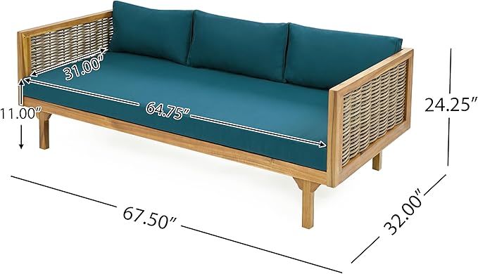 Merax 67.5" Outdoor Patio Daybed 3 Seater Sofa Bed,Acacia Wood Frame with Rattan Arm,Cushion & Pillow for Courtyard