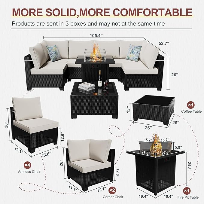 8 Pcs Patio Furniture Set with Fire Pit Table Wicker Outdoor Sectional Sofa, Conversation Set Perfect for Backyard, Garden, Deck (Deep Brown/Beige)