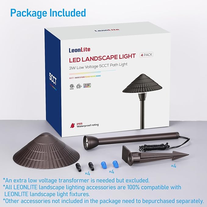 LEONLITE 5CCT Low Voltage Landscape Lights, 3W, 12-24V AC/DC, Pathway Lighting Wired, IP65 Waterproof Light for Yard Lawn, ETL Listed, Oil Rubbed Bronze Aluminum Housing, 1800K-5000K, Pack of 4