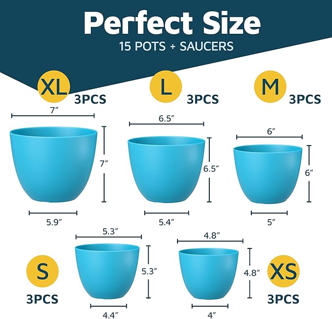 Blue Plant Pots with Drainage Holes & Saucers 15 Pack, Indoor & Outdoor Stackable Space-Saving Planters for Houseplants & Flowers, (7", 6.7", 6", 5.3", and 4.8" Inches), Durable & Weatherproof