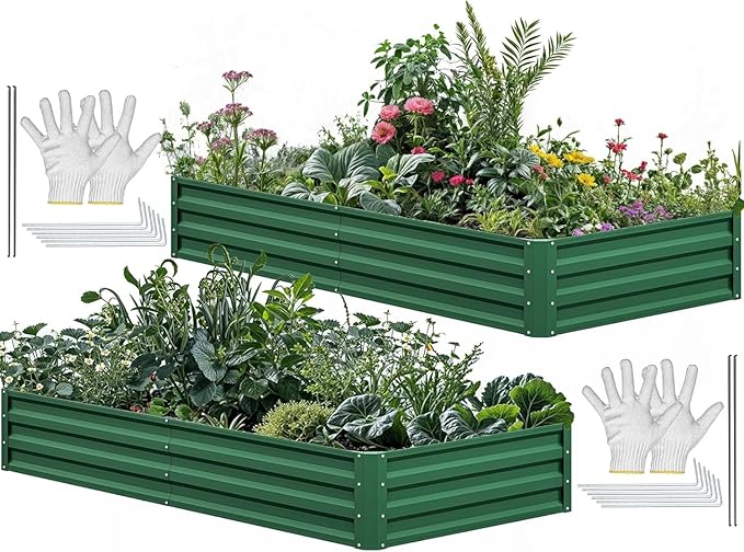YITAHOME 72x36x12 in 2pcs Galvanized Raised Garden Bed Kit, Large Metal Planter Box with Gloves & Support Rod, Outdoor Flower Bed for Plants Vegetables, Green