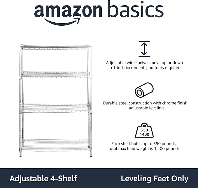Amazon Basics 4-Shelf Adjustable Heavy Duty Steel Wire Rack Storage Shelving Unit for Kitchen, Garage, Easy Assembly, 350 lbs Per Shelf, 36" x 14" x 54", Chrome Silver