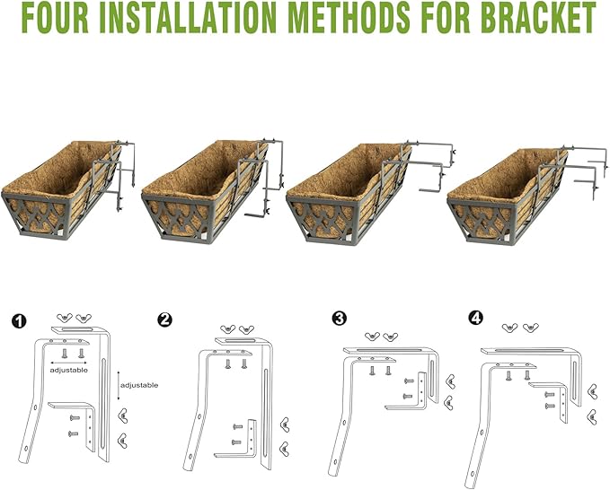6 Pack 24 Inch Window Boxes Planters Railing Planter Box with Adjustable Brackets for Porch Fence Patio Balcony Hanging Flower Baskets with Coco Liners for Outdoor Garden Decor - Dark Grey