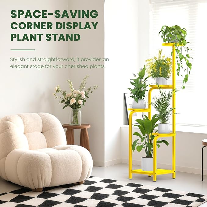 TOSKING 5 Tier Tall Plant Stand Indoor Outdoor, Heavy Duty Corner Shelf for Plants & Decor, Space Saving 3.9FT Metal Flower Pot Stand for Balcony, Garden, Living Room, Patio( Yellow, 5Tier SQ Base)