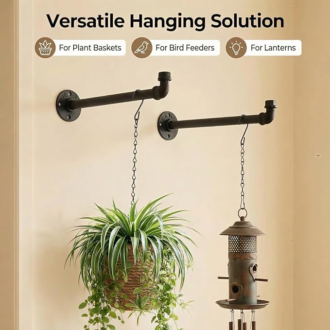 2 Pack Black Metal Pipe Plant Hanger Indoor with Hanging Chains, Industrial Window and Wall Mounted Hanging Rod Planter for Plants, Pots/Plants Not Included