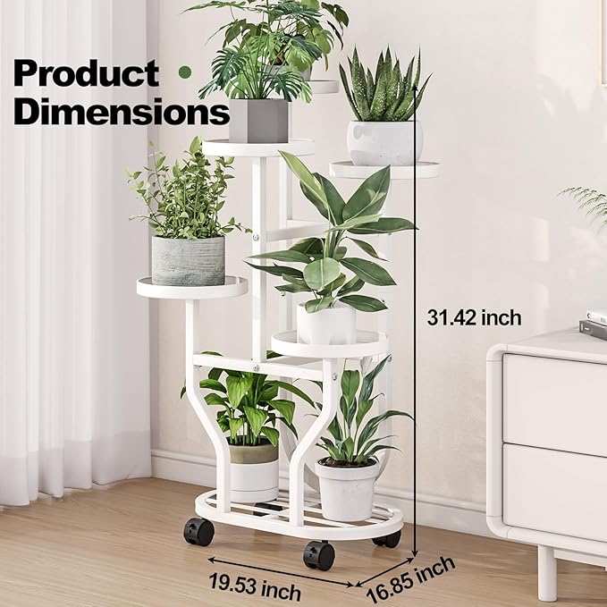 Plant Stand 5 Tier Indoor Outdoor Metal Flower Shelf with Wheels Multi Plants Holder Display Rack for Garden Patio Balcony Living Room White (White, 5 Tier)